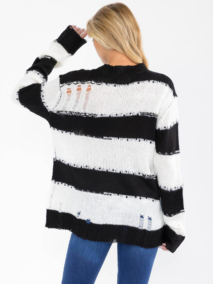 WOMEN'S LONG SLEEVE COLORBLOCK STRIPES PULLOVER KNIT DISTRESS SWEATER