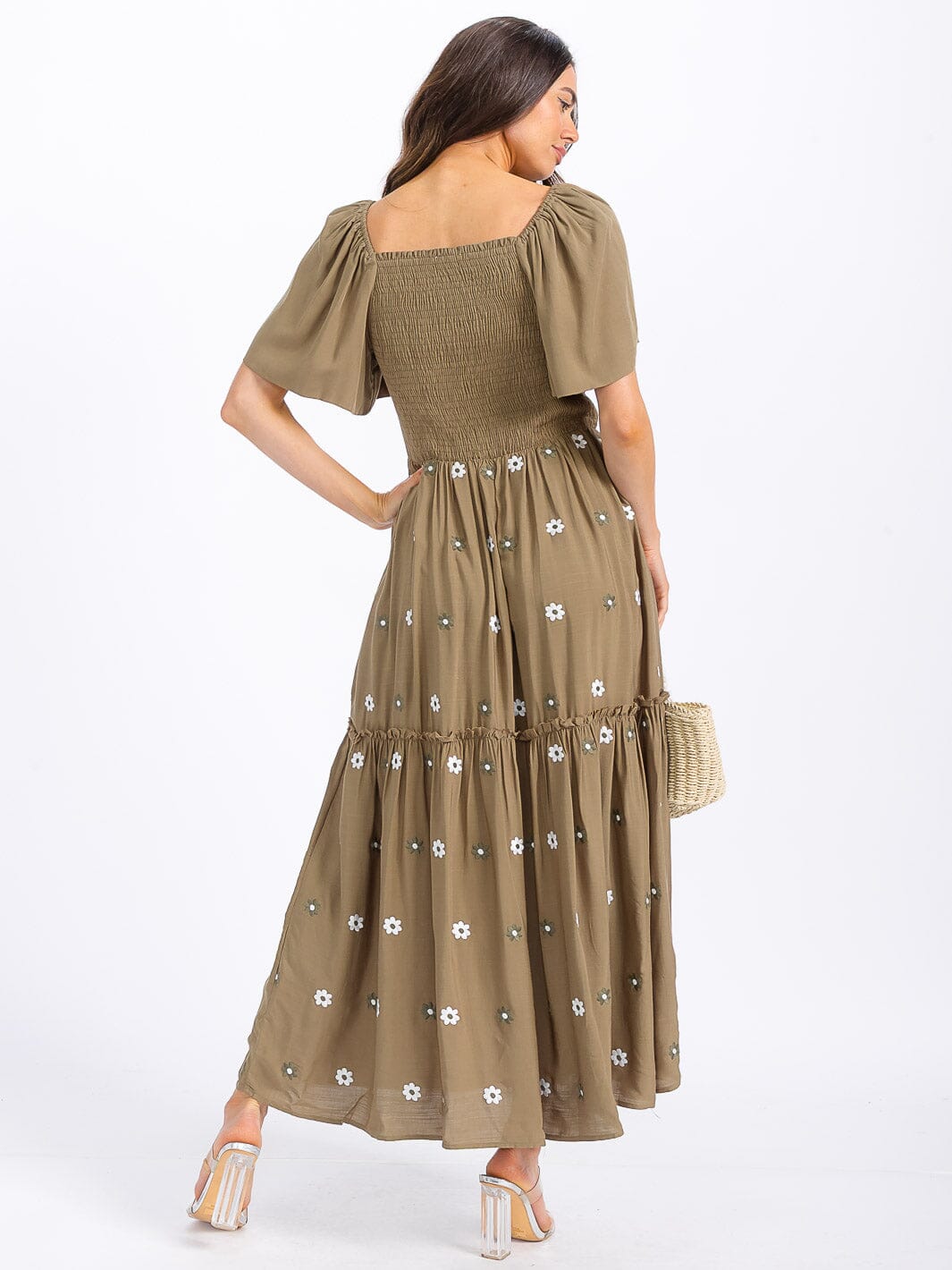 WOMEN'S SHORT SLEEVE SMOCK TIERED FLORAL MAXI DRESS