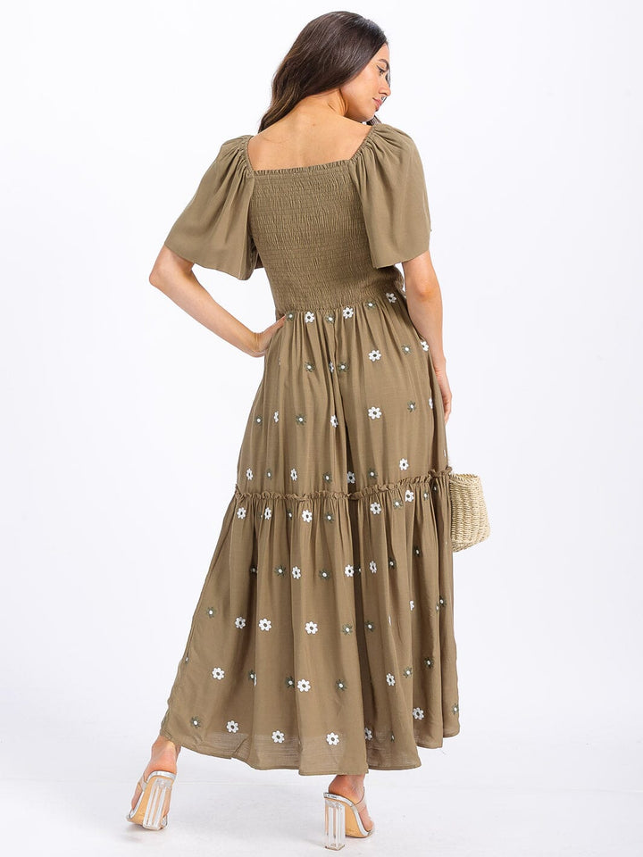 WOMEN'S SHORT SLEEVE SMOCK TIERED FLORAL MAXI DRESS