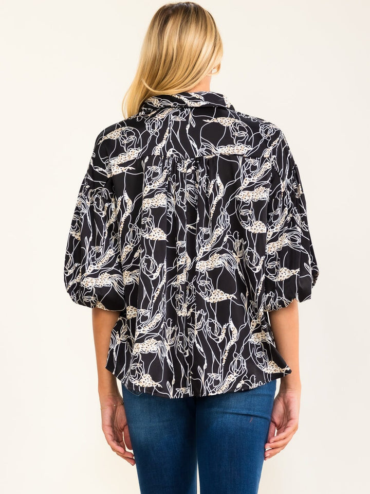 ENTRO WOMEN'S SHORT PUFF SLEEVE BUTTON UP MULTI PRINT BLOUSE
