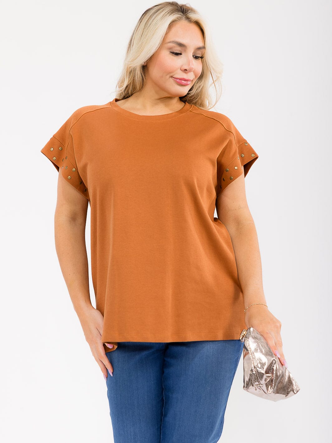 PLUS SIZE SHORT SLEEVE STUDS DETAILED SOLID BLOUSE