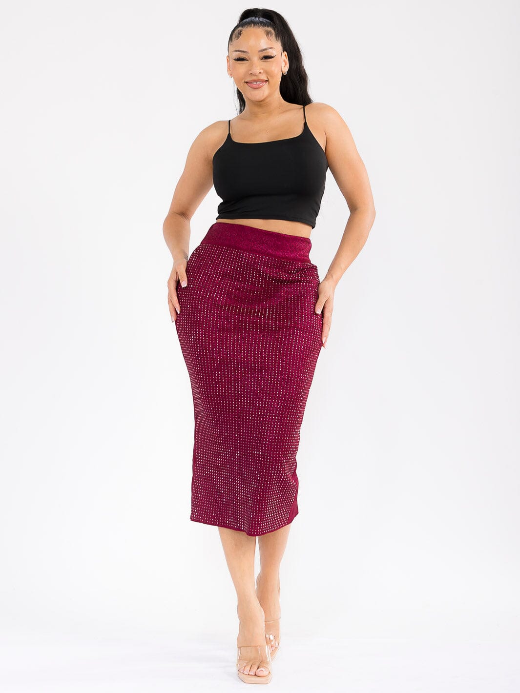 WOMEN'S ELASTIC WAIST RHINESTONES MIDI SKIRT