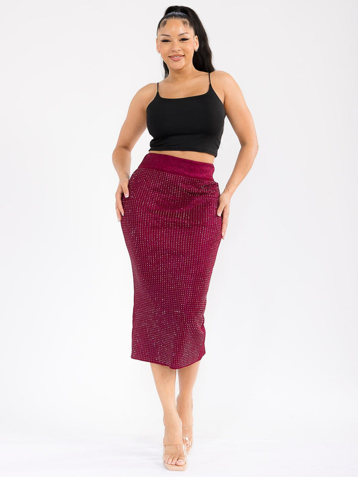 WOMEN'S ELASTIC WAIST RHINESTONES MIDI SKIRT
