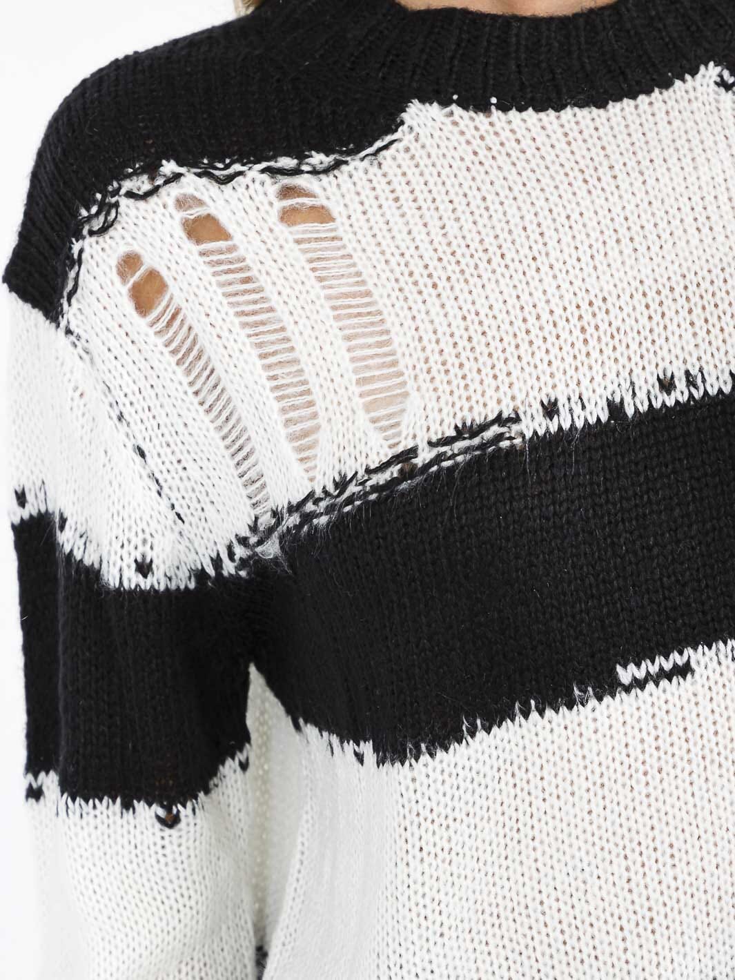 WOMEN'S LONG SLEEVE COLORBLOCK STRIPES PULLOVER KNIT DISTRESS SWEATER