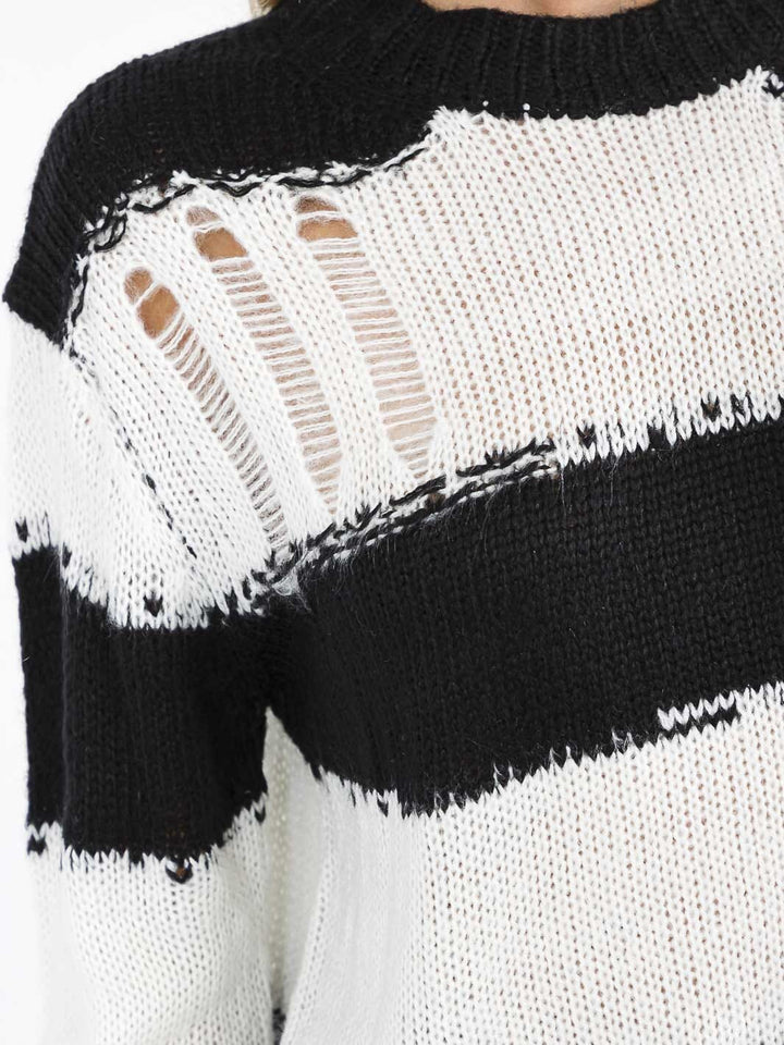WOMEN'S LONG SLEEVE COLORBLOCK STRIPES PULLOVER KNIT DISTRESS SWEATER