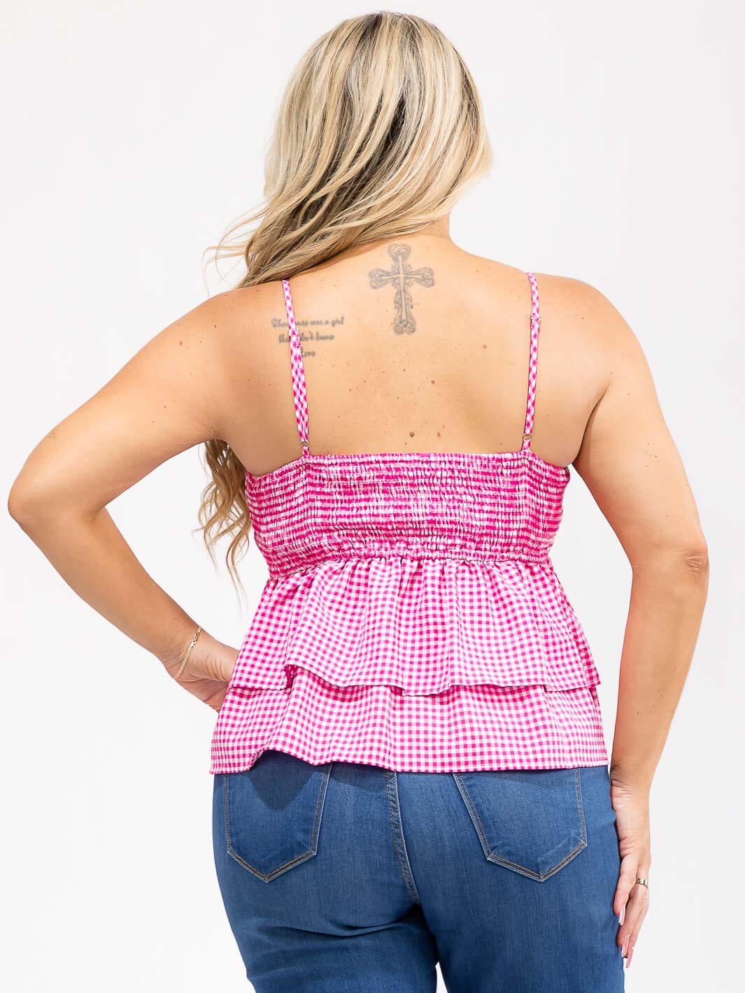 PLUS SIZE SLEEVELESS V-NECK TIERED RUFFLE PLAID TANK TOP