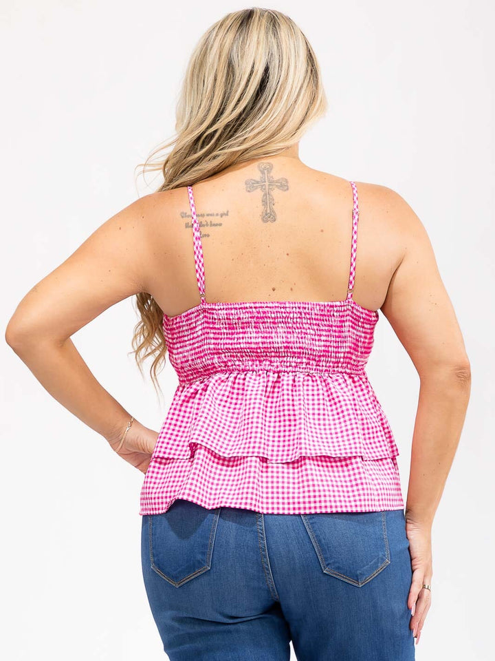 PLUS SIZE SLEEVELESS V-NECK TIERED RUFFLE PLAID TANK TOP