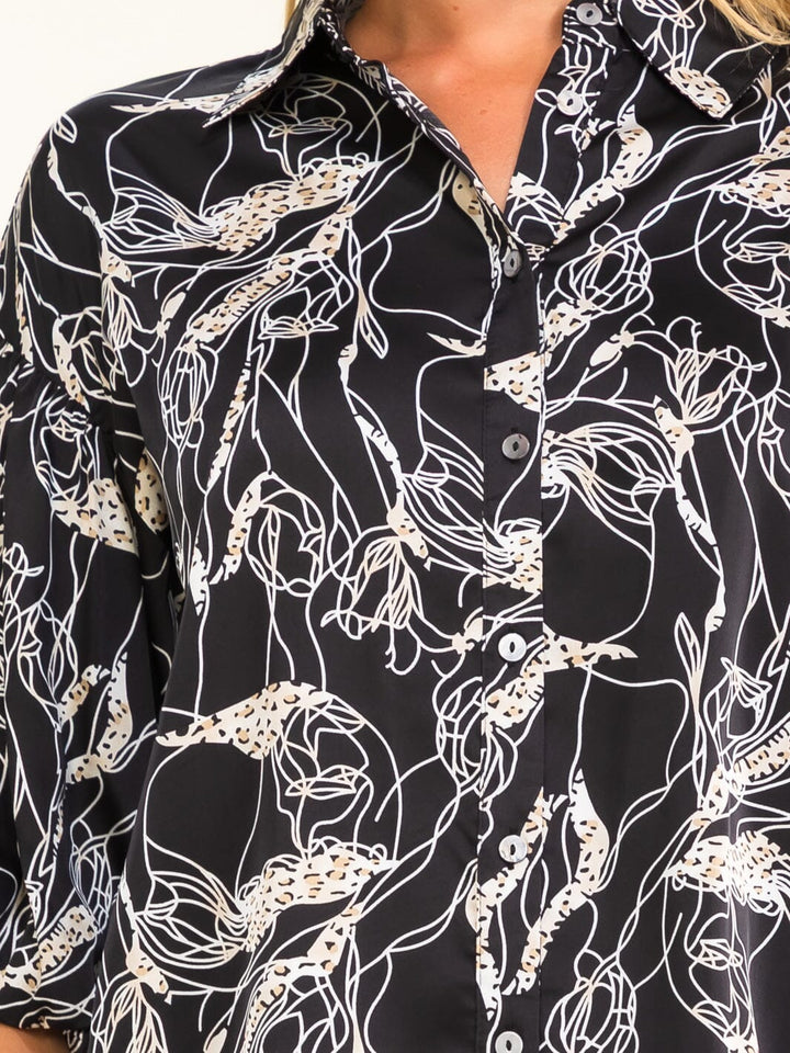 ENTRO WOMEN'S SHORT PUFF SLEEVE BUTTON UP MULTI PRINT BLOUSE
