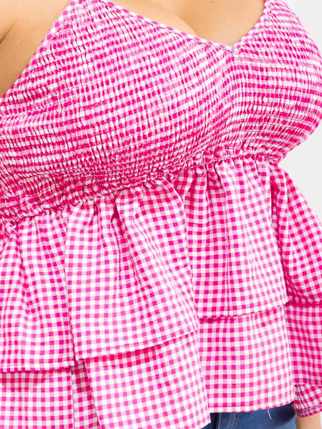 PLUS SIZE SLEEVELESS V-NECK TIERED RUFFLE PLAID TANK TOP