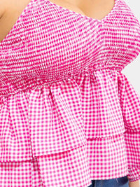 PLUS SIZE SLEEVELESS V-NECK TIERED RUFFLE PLAID TANK TOP