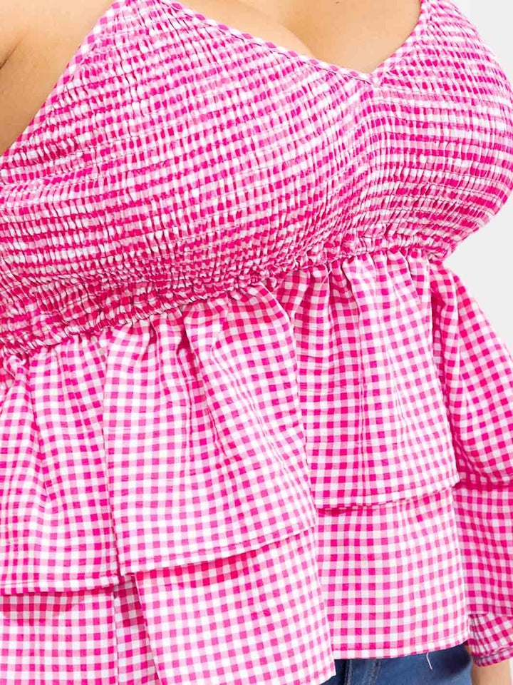 PLUS SIZE SLEEVELESS V-NECK TIERED RUFFLE PLAID TANK TOP