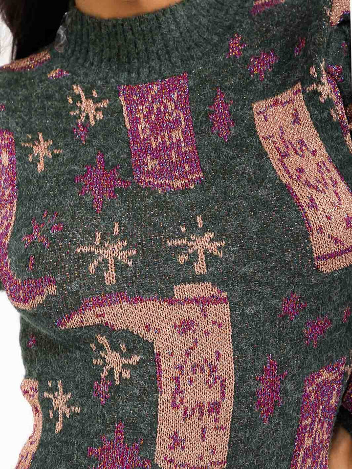 WOMEN'S LONG SLEEVE MOCK NECK MULTI PRINT SWEATER MINI DRESS