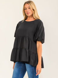 ENTRO WOMEN'S SHORT SLEEVE TIERED TUNIC LOOSE FIT SOLID TOP