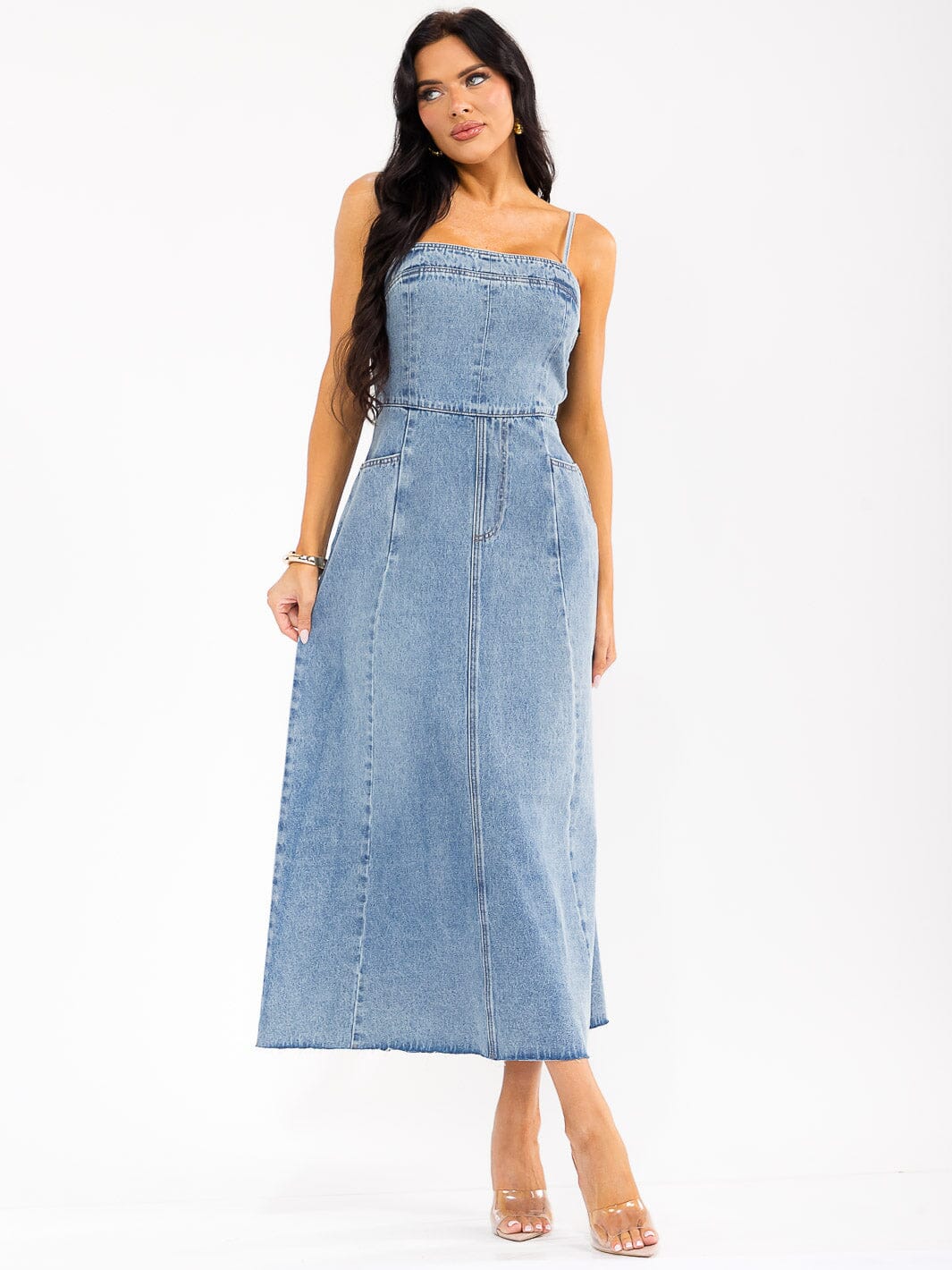 WOMEN'S SLEEVELESS FRONT POCKETS WASHED DENIM MAXI DRESS