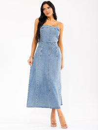 WOMEN'S SLEEVELESS FRONT POCKETS WASHED DENIM MAXI DRESS