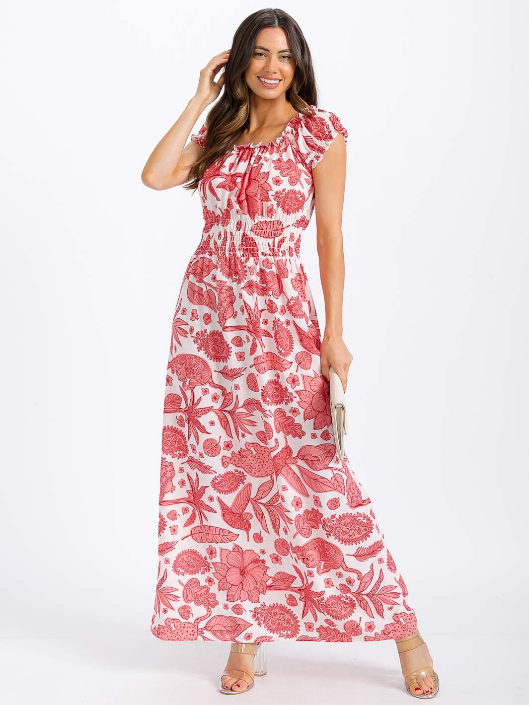 WOMEN'S SHORT SLEEVE SMOCK WAIST FLORAL MAXI DRESS