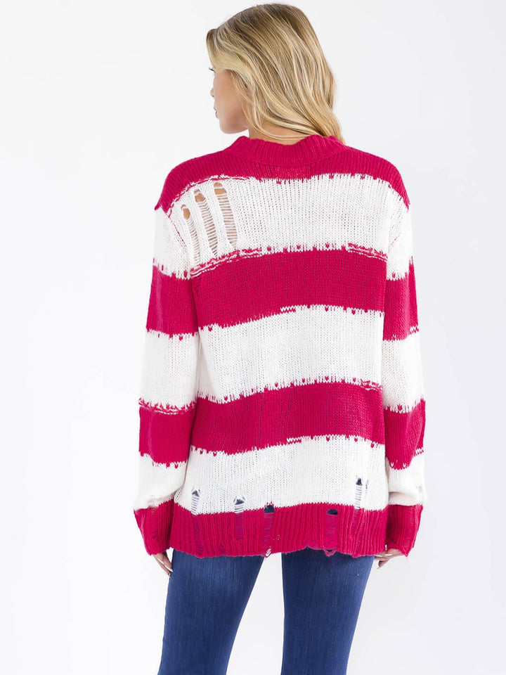 WOMEN'S LONG SLEEVE COLORBLOCK STRIPES PULLOVER KNIT DISTRESS SWEATER