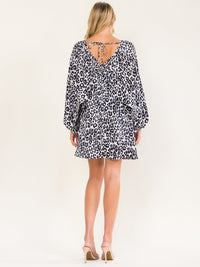 WOMEN'S LONG BALLOON SLEEVE V-NECK ANIMAL PRINT TUNIC MINI DRESS