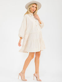 WOMEN'S LONG SLEEVE FRONT POCKETS BUTTON UP TIERED LOOSE FIT MINI DRESS