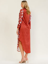 WOMEN'S LONG SLEEVE BUTTON UP FRONT POCKETS MULTI PRINT MAXI DRESS