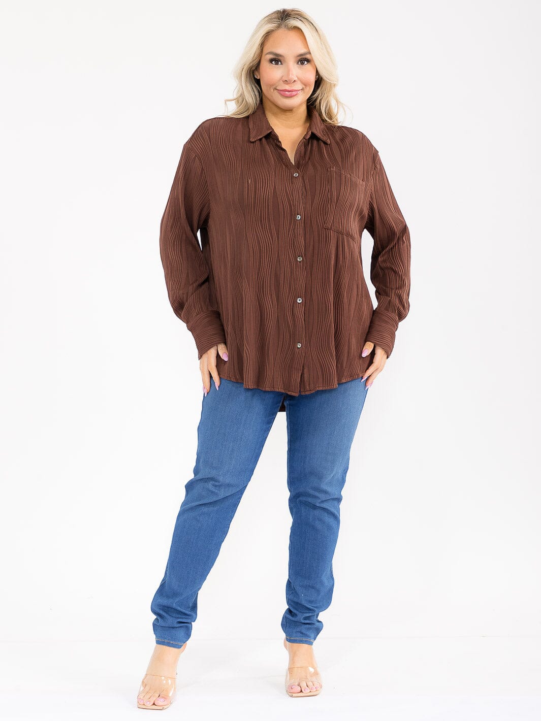 PLUS SIZE LONG SLEEVE BUTTON UP FRONT POCKET DETAILED BLOUSE