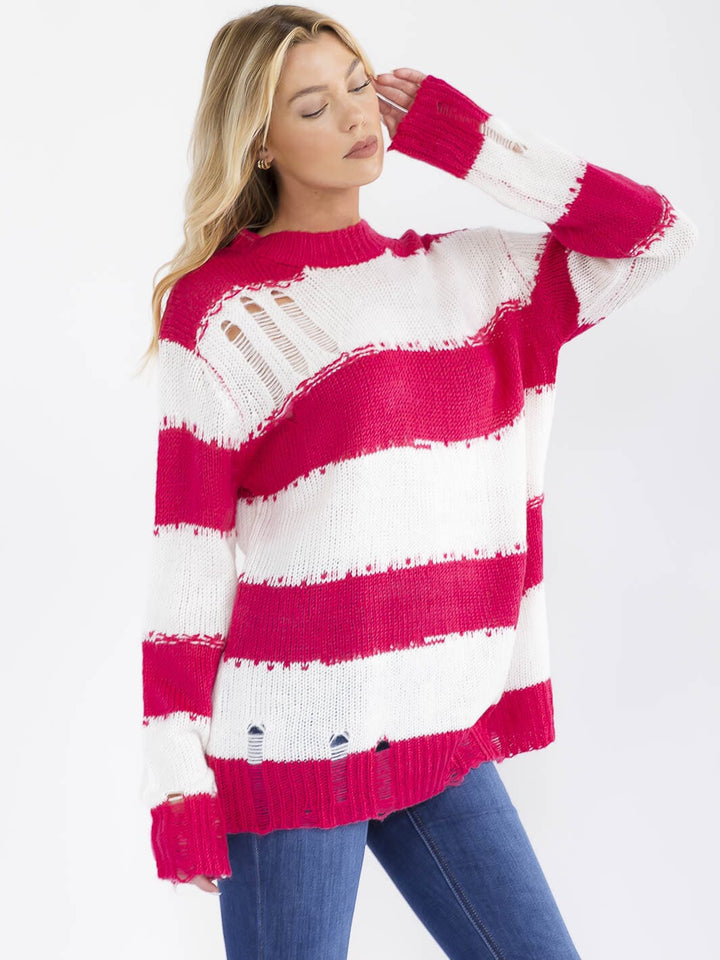 WOMEN'S LONG SLEEVE COLORBLOCK STRIPES PULLOVER KNIT DISTRESS SWEATER