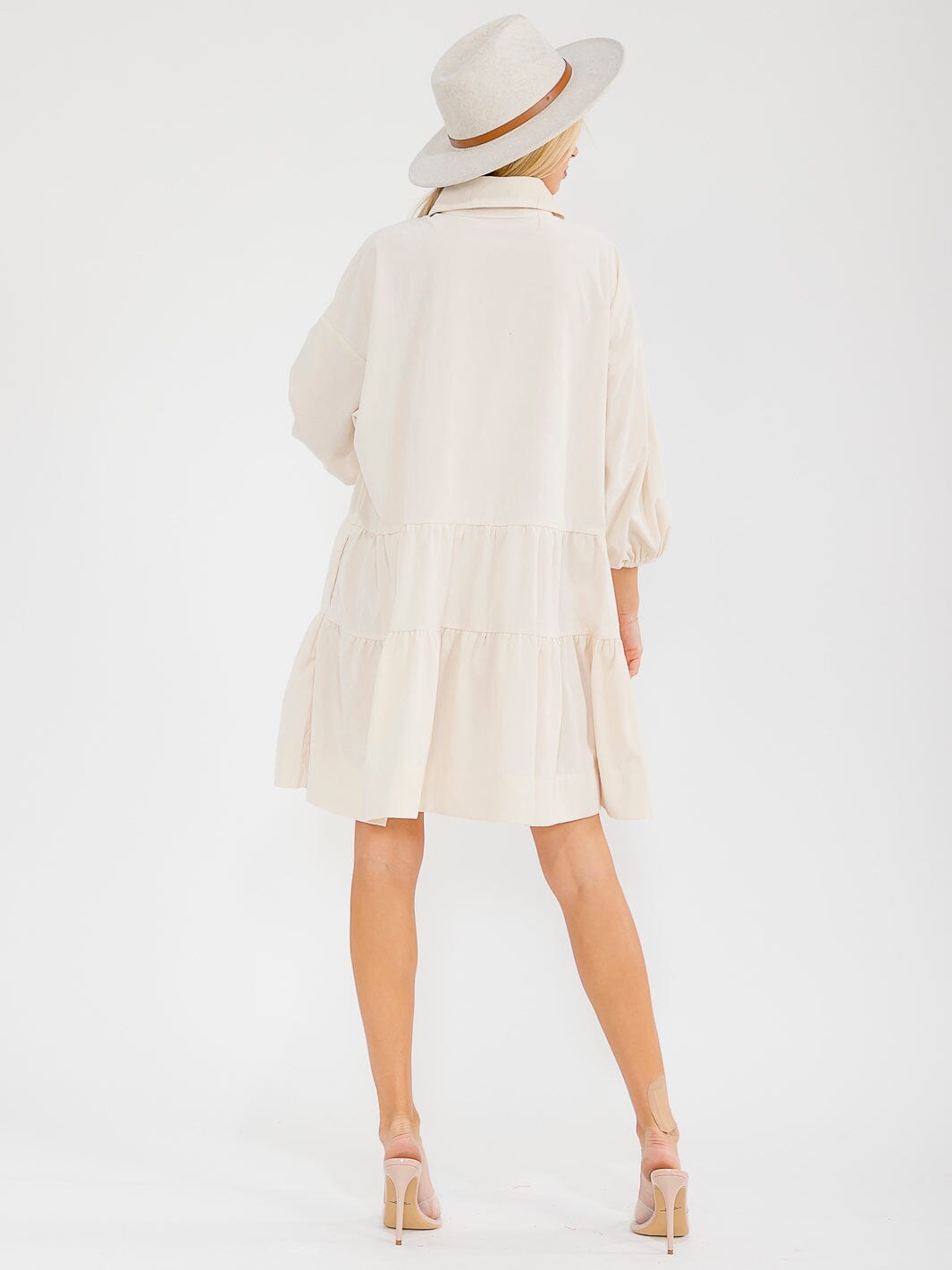 WOMEN'S LONG SLEEVE FRONT POCKETS BUTTON UP TIERED LOOSE FIT MINI DRESS