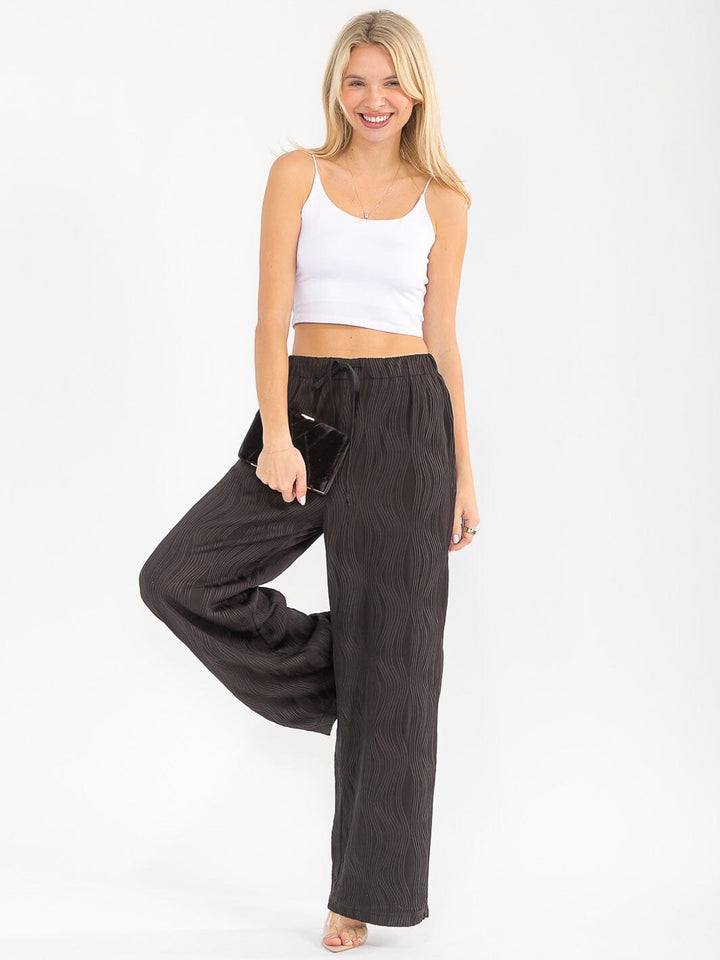 WOMEN'S ELASTIC WAIST FRONT POCKET WIDE LEG DETAILED PANTS
