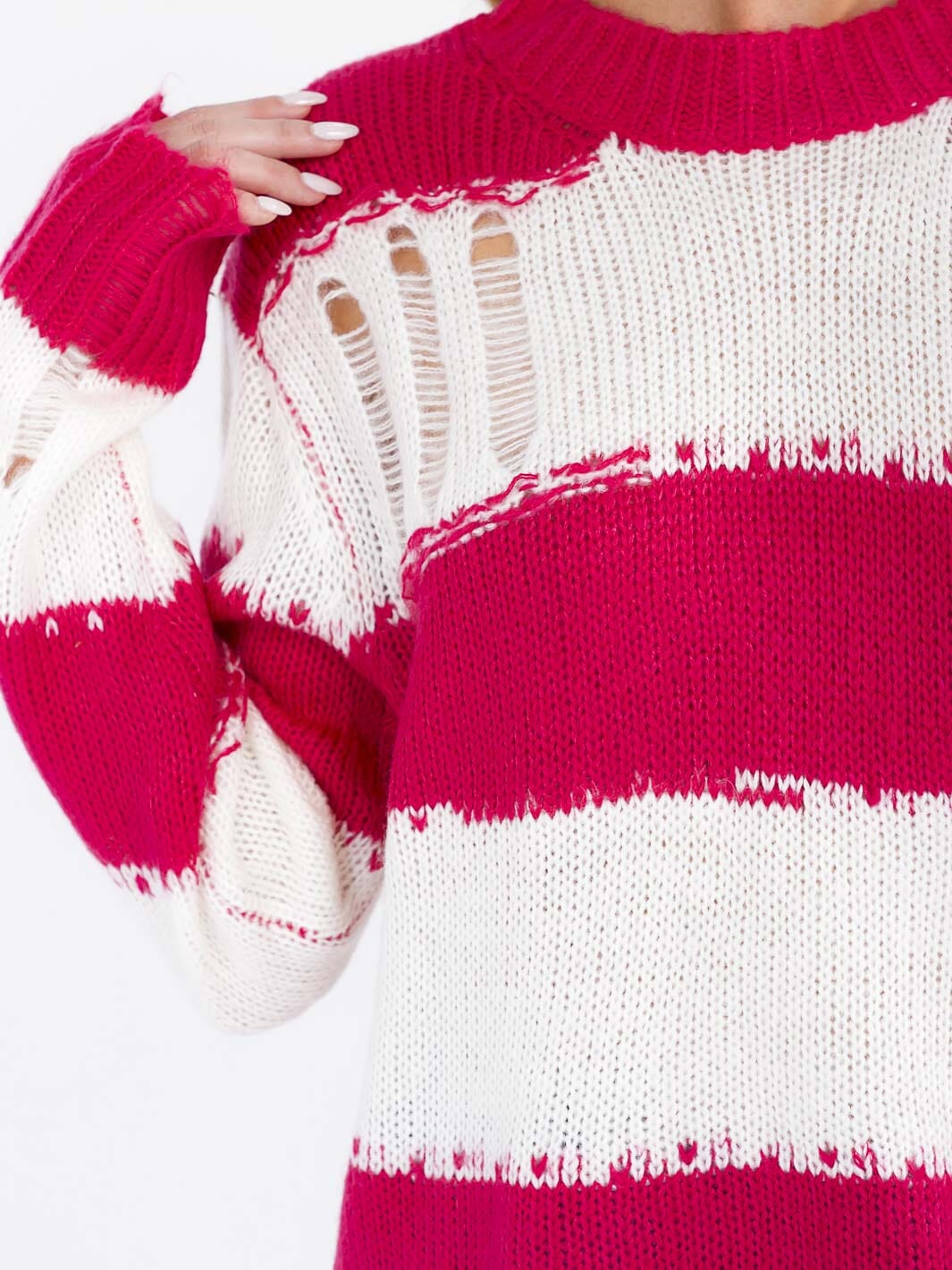 WOMEN'S LONG SLEEVE COLORBLOCK STRIPES PULLOVER KNIT DISTRESS SWEATER