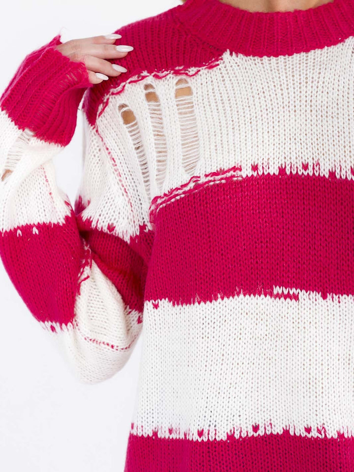 WOMEN'S LONG SLEEVE COLORBLOCK STRIPES PULLOVER KNIT DISTRESS SWEATER