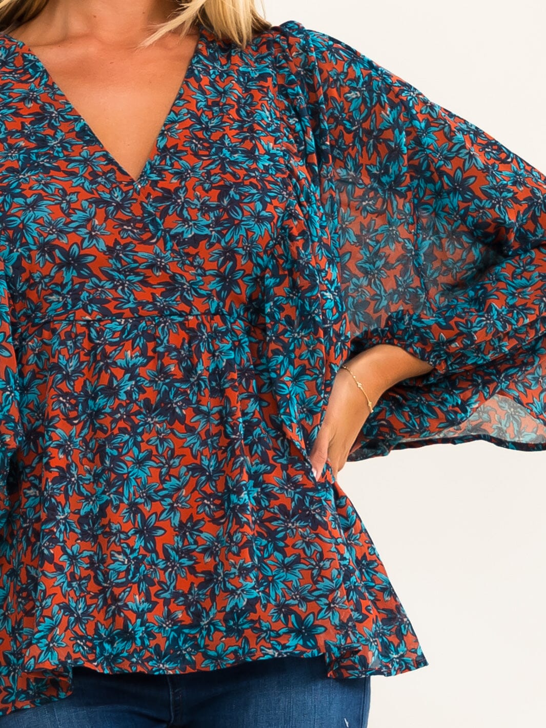 WOMEN'S LONG SLEEVE SURPLICE FLORAL PEPLUM BLOUSE