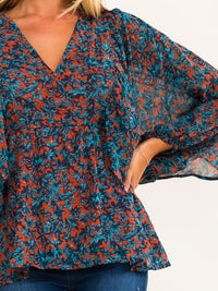 WOMEN'S LONG SLEEVE SURPLICE FLORAL PEPLUM BLOUSE