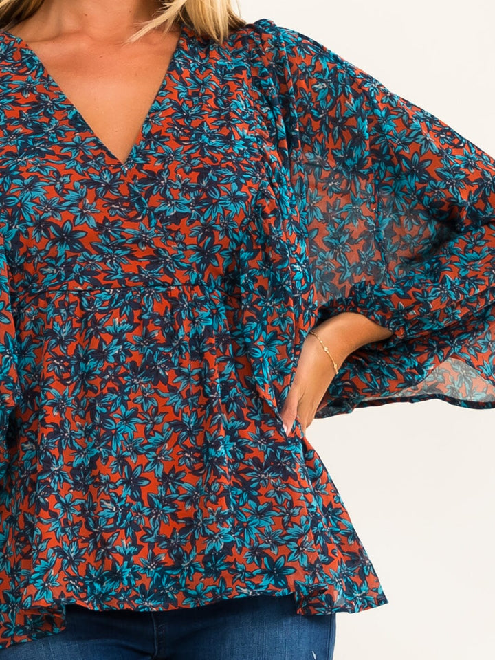 WOMEN'S LONG SLEEVE SURPLICE FLORAL PEPLUM BLOUSE