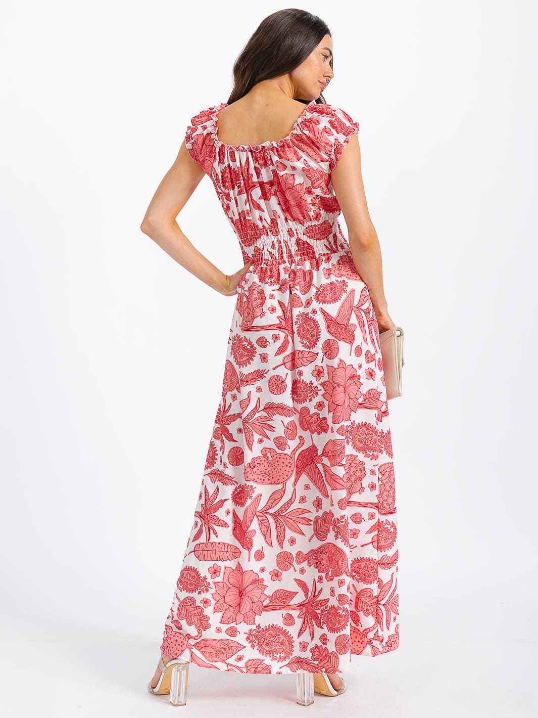 WOMEN'S SHORT SLEEVE SMOCK WAIST FLORAL MAXI DRESS