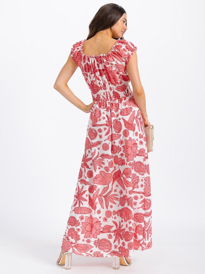 WOMEN'S SHORT SLEEVE SMOCK WAIST FLORAL MAXI DRESS