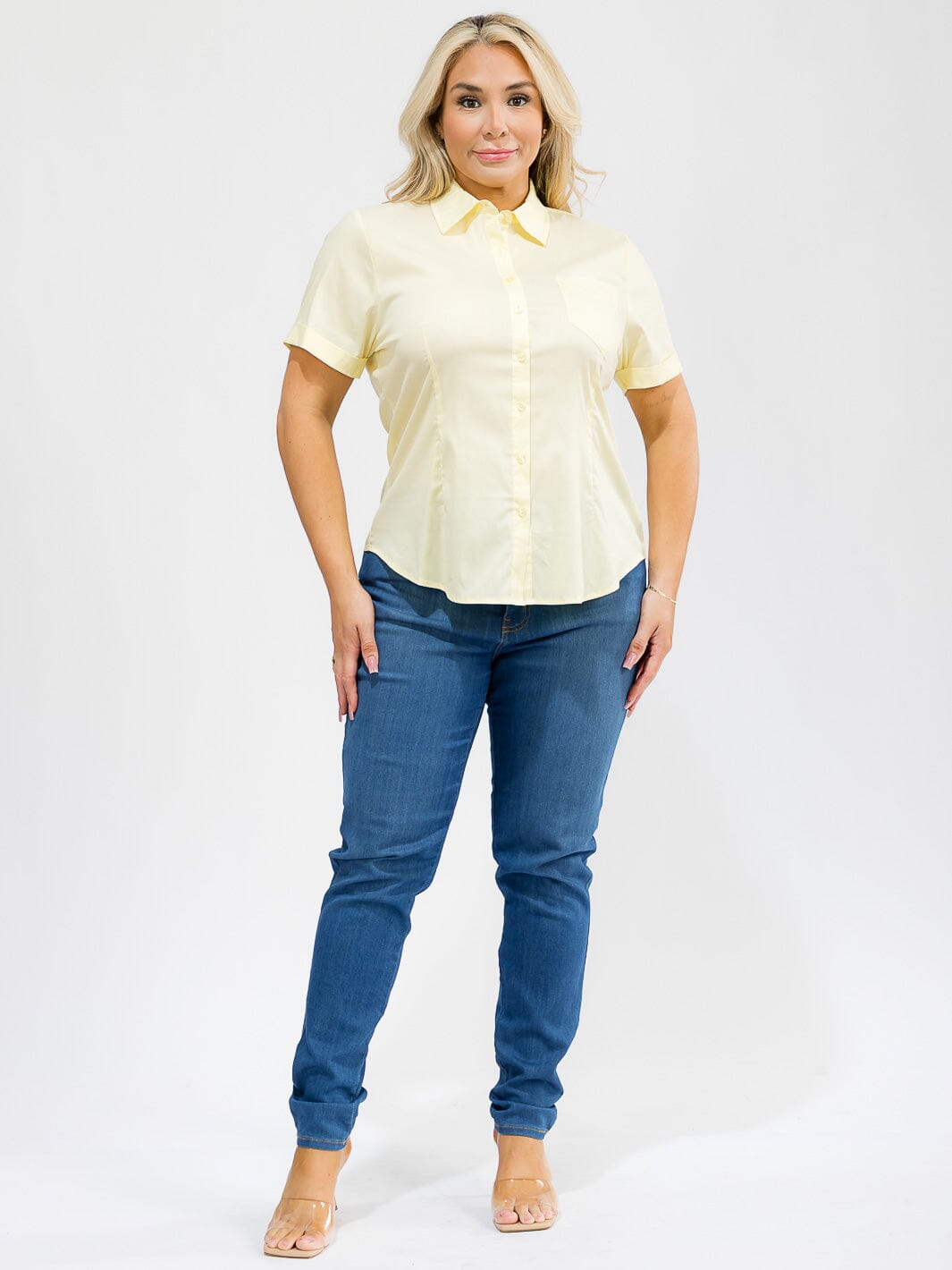 PLUS SIZE SHORT SLEEVE BUTTON UP FRONT POCKET BLOUSE