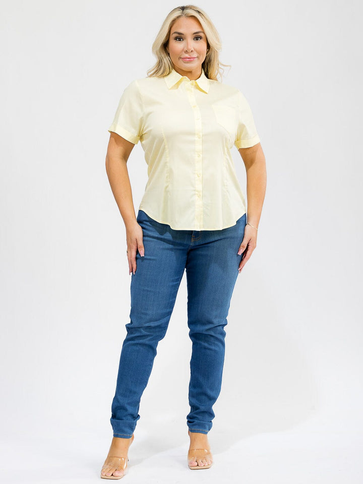 PLUS SIZE SHORT SLEEVE BUTTON UP FRONT POCKET BLOUSE