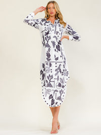 WOMEN'S LONG SLEEVE BUTTON UP FRONT POCKETS MULTI PRINT MAXI DRESS