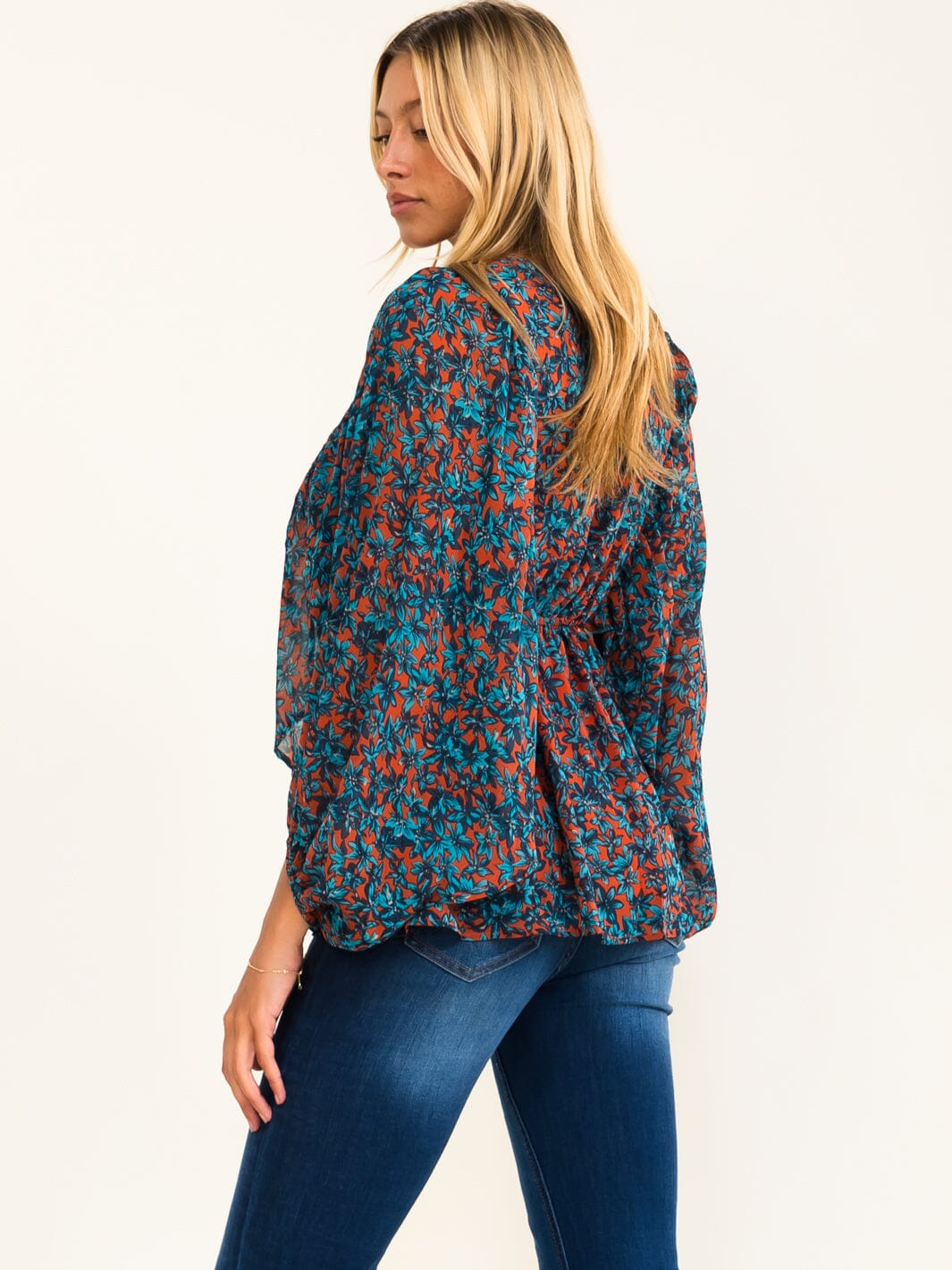 WOMEN'S LONG SLEEVE SURPLICE FLORAL PEPLUM BLOUSE