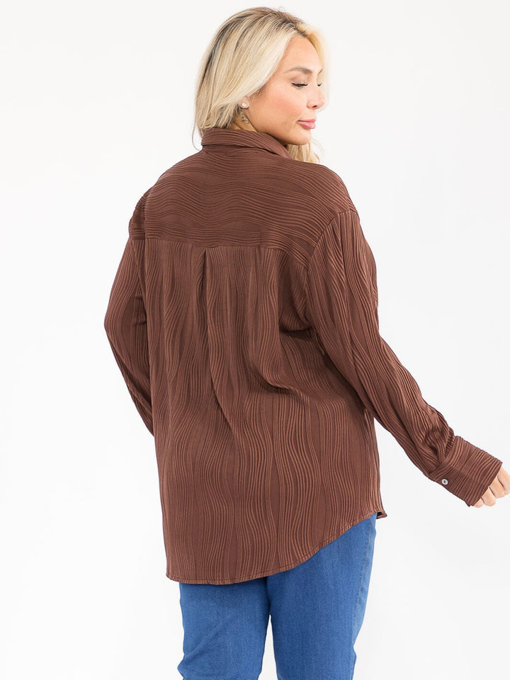 PLUS SIZE LONG SLEEVE BUTTON UP FRONT POCKET DETAILED BLOUSE