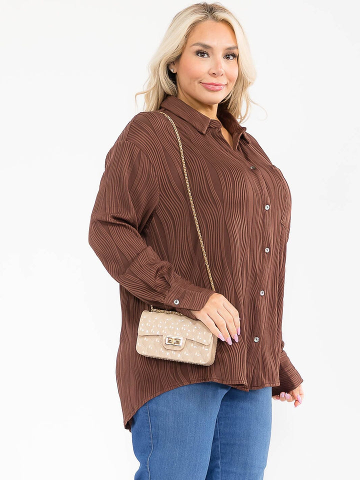PLUS SIZE LONG SLEEVE BUTTON UP FRONT POCKET DETAILED BLOUSE