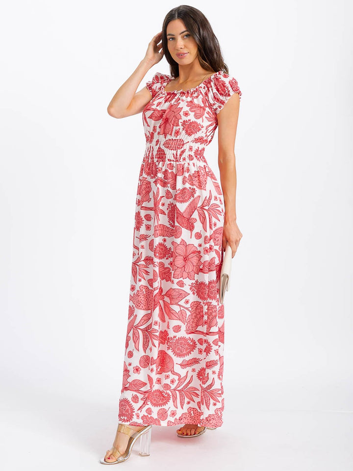 WOMEN'S SHORT SLEEVE SMOCK WAIST FLORAL MAXI DRESS