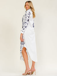 WOMEN'S LONG SLEEVE BUTTON UP FRONT POCKETS MULTI PRINT MAXI DRESS
