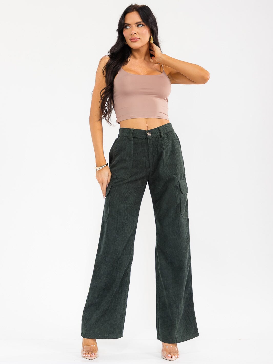 WOMEN'S BUTTON CLOSURE CARGO POCKETS WIDE LEG CORDUROY PANTS