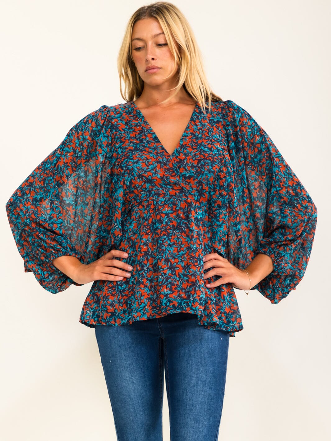 WOMEN'S LONG SLEEVE SURPLICE FLORAL PEPLUM BLOUSE