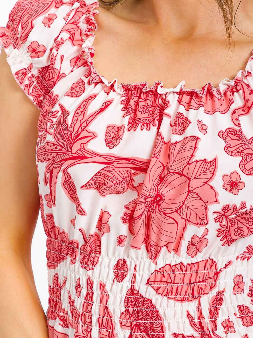 WOMEN'S SHORT SLEEVE SMOCK WAIST FLORAL MAXI DRESS