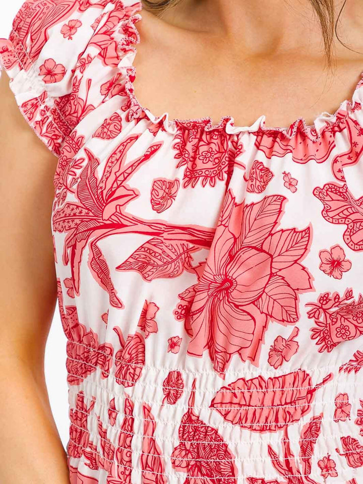 WOMEN'S SHORT SLEEVE SMOCK WAIST FLORAL MAXI DRESS