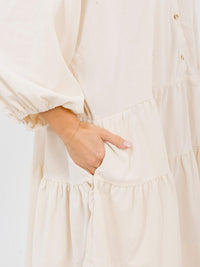 WOMEN'S LONG SLEEVE FRONT POCKETS BUTTON UP TIERED LOOSE FIT MINI DRESS