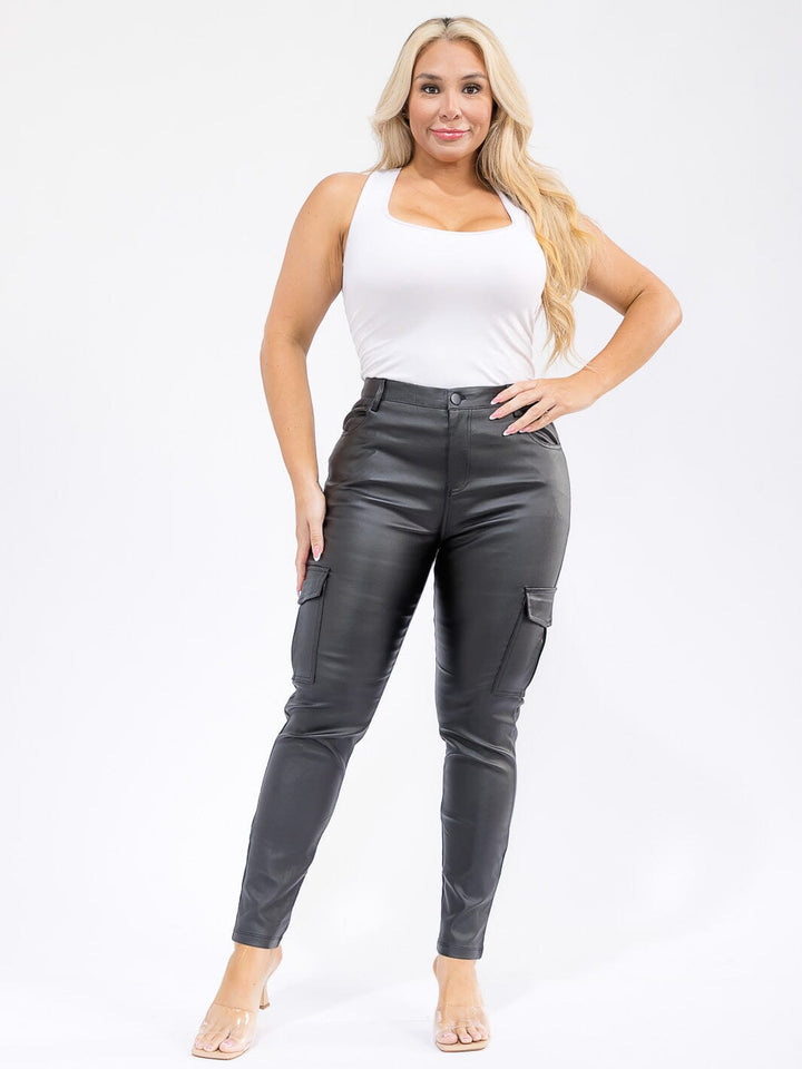PLUS SIZE BUTTON CLOSURE CARGO POCKETS PU PLEATHER SKINNY LEG PANTS