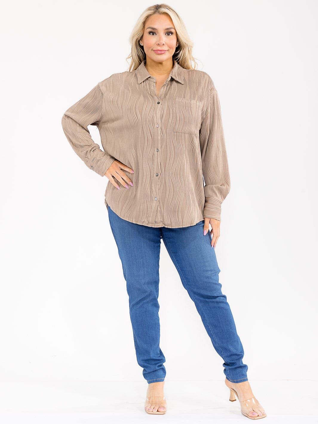 PLUS SIZE LONG SLEEVE BUTTON UP FRONT POCKET DETAILED BLOUSE